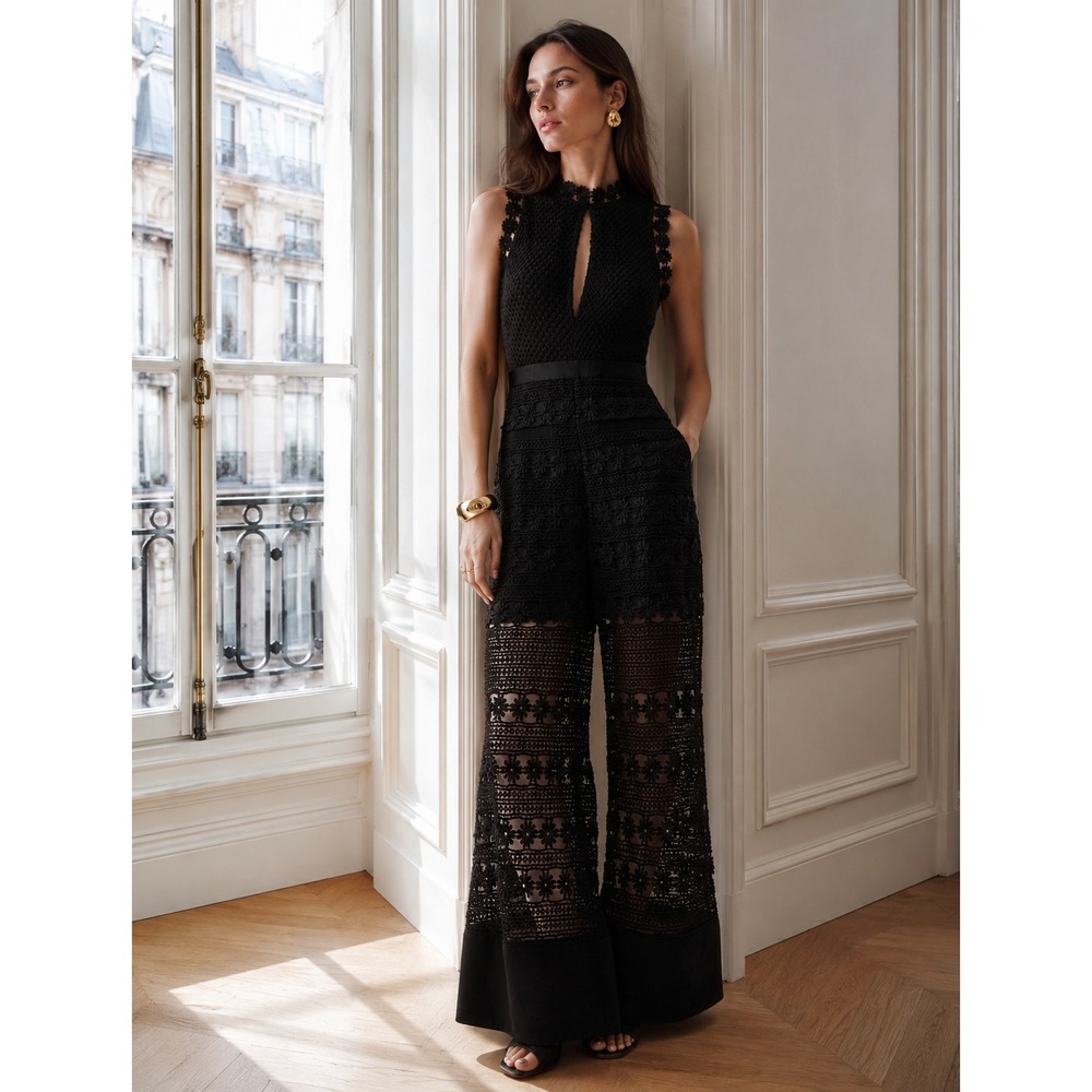 Self-Portrait Black Floral Lace Crochet Jumpsuit Wide Leg Mock Neck Size 8